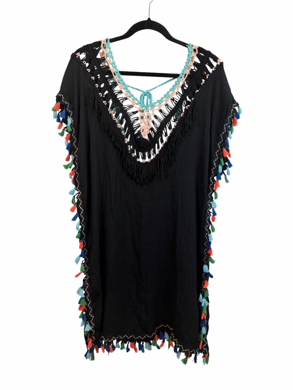 Black Crochet-Trim Swim Coverup with Multicolor Tassels